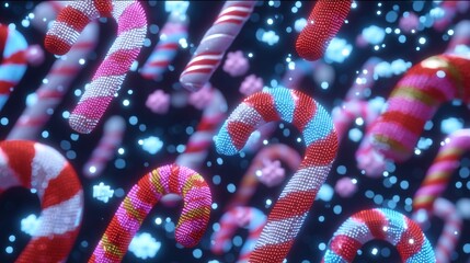 Digital Christmas background with retro 80s neon style, chrome candy canes.