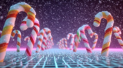 Digital Christmas background with retro 80s neon style, chrome candy canes.