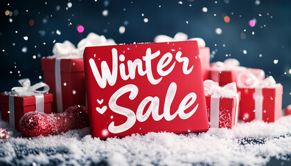 Discover fantastic winter savings now with festive red gifts under a blanket of fresh snow during a seasonal sale event for holiday