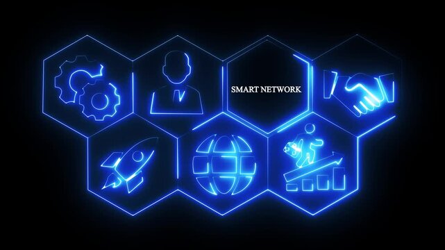 SMART NETWORK.Concept with Neon Icons and Hexagonal .Animated illustration concept with associated business and technology. glowing neon hexagonal icons 4K
