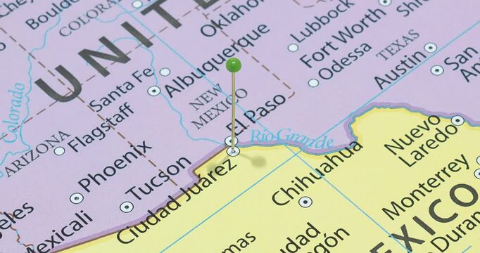 A zoom out of a green pin into Ciudad Juarez city of Mexico political map
