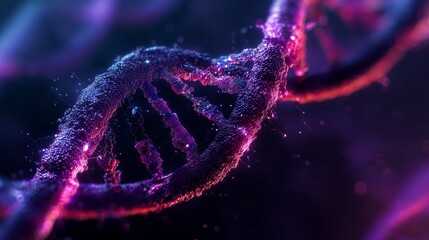 Futuristic glowing DNA double helix in neon blue and purple lights, perfect for genetics, biotechnology and medical innovation concepts.