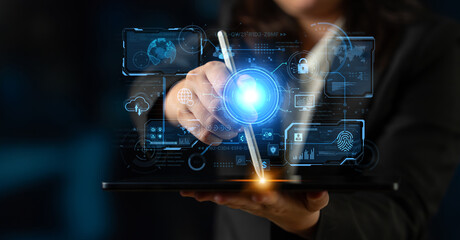 A futuristic command center interface for managing a global technology platform. The dashboard includes data security, network administration, and biometric user authentication. Fermion