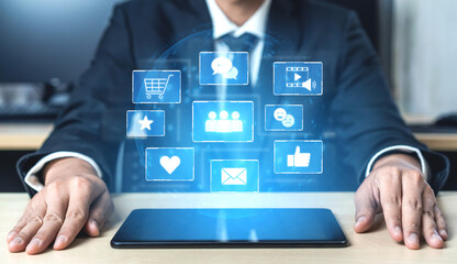 Icons representing social media interaction, communication, and engagement. Social media builds community, social media drives connection, and social media influences behavior. Vouch