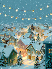 Festive Winter Village at Night with Warm Glowing Windows and Snowfall