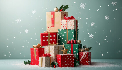 Pile of christmas presents wrapped in festive paper with ribbons isolated on transparent background silhouette