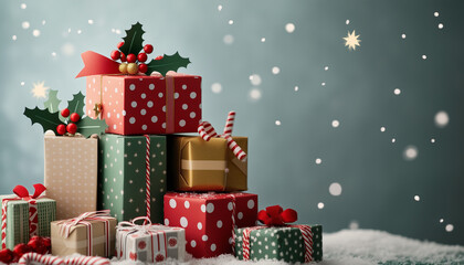 Pile of christmas presents wrapped in festive paper with ribbons isolated on transparent background silhouette