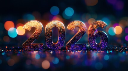 Vibrant neon-style 2026 typography covered in glitter on reflective floor, ideal header for New Year events, clubs and countdowns.