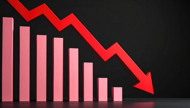 A visually striking representation of economic downturn, with red arrow and downward trend bar graph symbolizing a decrease in performance.