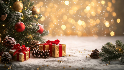 Christmas tree adorned with colorful ornaments and lights, surrounded by wrapped gifts on snow, creating a festive atmosphere for