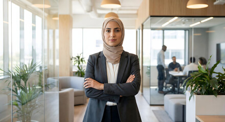 Confident Muslim woman in business attire standing in modern office