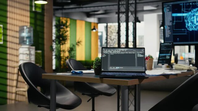 Software running on laptop in empty office to accelerate artificial intelligence calculations. Close up of programming language script on notebook used for deep learning training datasets systems