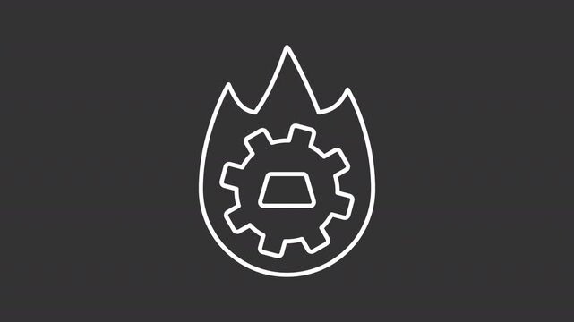 Animated pyrometallurgy white line icon. Burning fire with cogwheel animation. Using high temperature to refine metal. Steelmaking. Isolated element on dark background. Alpha transparent video