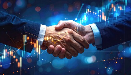 A strong handshake symbolizing a strategic business deal, the image portrays the essence of partnership and collaboration against a backdrop of modern digital technology.