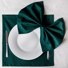 White plate with green bow napkin on placemat