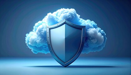 A digital shield protects fluffy clouds in this conceptual artwork. Depicting a sense of security and safety in the digital realm, against a backdrop of soft light and gentle color gradients.