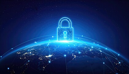 An illuminating digital padlock protects our planet in an awe-inspiring digital representation, symbolizing cybersecurity and global protection.