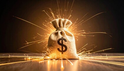 A captivating image showcasing a money bag, the symbol of wealth and financial prosperity, radiating energy in a golden explosion of light. 