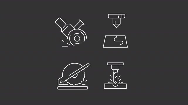 Animated metal processing white line icons. Cutting,grinding and milling machines animation set. Metalworking equipment usage. Isolated element on dark background. Alpha transparent video