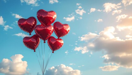 Red heart balloons against a blue, cloudy sky, ideal for valentines day, romantic events, greeting cards, lovethemed designs, and celebrations.