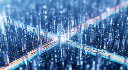 A digitally rendered abstract cityscape featuring blue illuminated buildings and an orange grid network creating a futuristic and technological design.