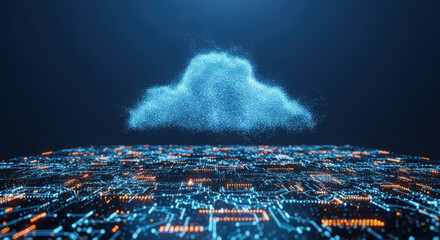 Abstract digital cloud hovers over a detailed circuit board in dark blue and orange, symbolizing modern network technology and data computing, creating futuristic effect.