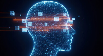 Abstract digital head silhouette with flowing data stream on a dark backdrop, symbolizing modern technology and artificial intelligence with network connections.