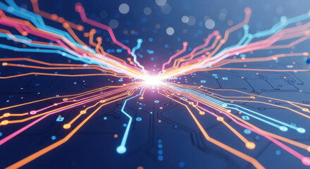 A dark blue background showcases a vibrant network data flow visualization, highlighting a glowing light node connection point and colorful circuit board style lines.