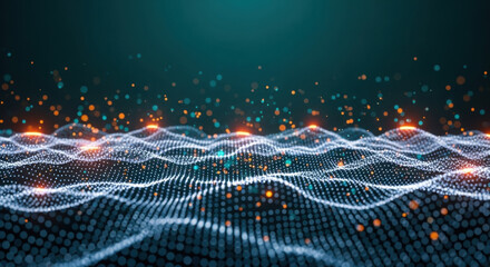 A teal wavy dot matrix surface with glowing orange particles creates an abstract and futuristic background, ideal for modern tech and design concepts.