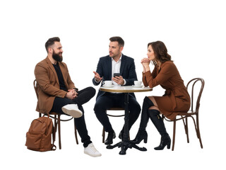 Fototapeta premium Three Adults in Conversation at a Café Table – A Professional Yet Relaxed Meeting