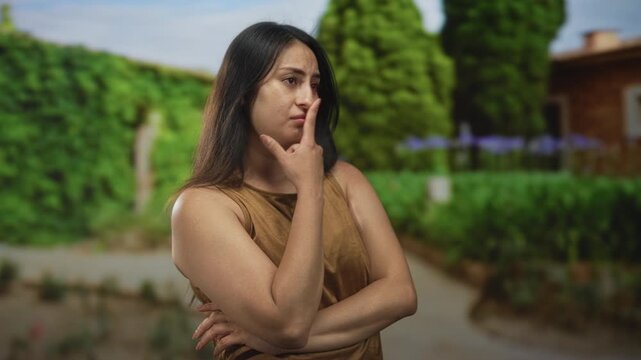 Woman with finger to nose and arms crossed in a forest pathway, green outdoors setting; thoughtful contemplation.