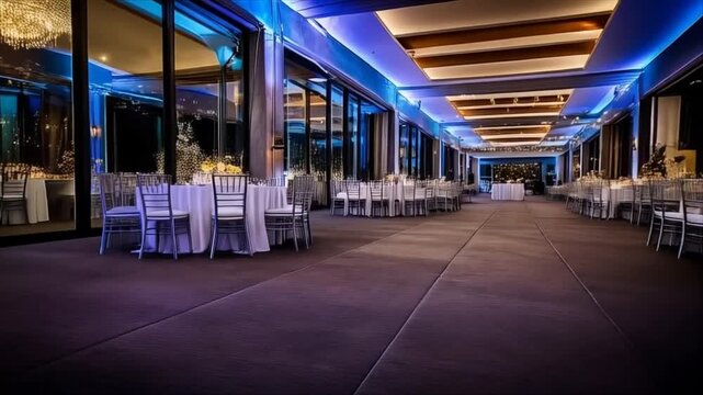 Elegant Event Space with Blue Lighting and Reflections.
