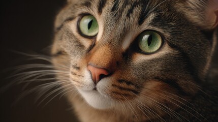 Tabby cat looking directly showing green eyes on dark background