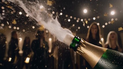 Festive Celebration of Champagne Opening with Sparkling Explosion and Joyful Gathering of Friends
