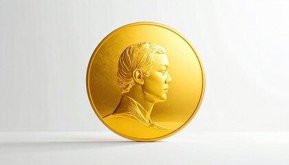 A gleaming, golden medal, showcasing a detailed side profile, signifies an achievement, framed in a minimalistic elegance. 