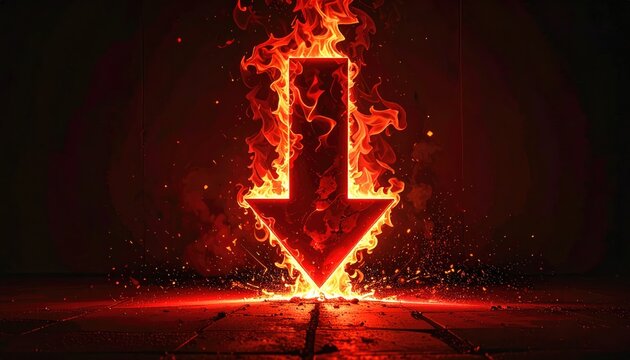 The burning arrow graphic vividly depicts the concept of decline and downward movement. The illustration showcases a bold red arrow engulfed in flames.