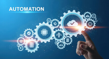 Abstract automation concept featuring connecting gears and a cloud design on a blue gradient background, signifying technological advancement.