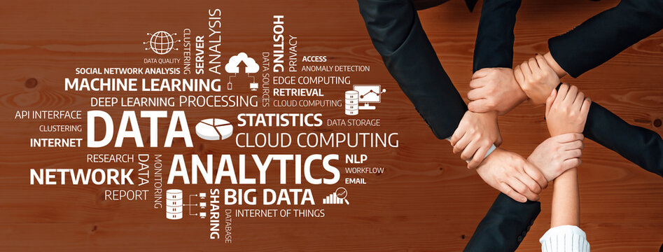 This stock photo showcases a collaborative environment where hands symbolize teamwork in data analytics, featuring key terms related to technology and business strategy. Amity - Powered by Adobe