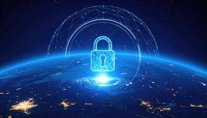 Cybersecurity and global network security concept, featuring a glowing lock icon superimposed on a digital representation of Earth.