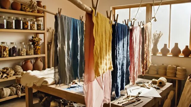 Colorful fabric pieces hang drying, clothespins attached to a wooden rod. Jars and natural light fill room