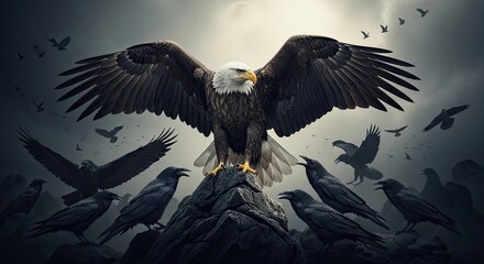 Obraz premium Majestic Eagle in the Storm: An awe-inspiring bald eagle perches atop a rugged peak, its wings spread wide against a stormy sky, encircled by a chorus of ravens.