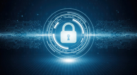 Digital illustration of a blue padlock icon surrounded by geometric patterns and a circuit board background representing cybersecurity and data protection.