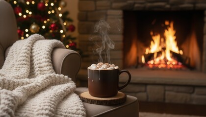 Cozy Christmas Hot Chocolate by Fireplace