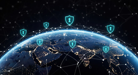 Abstract digital visualization of planet Earth with glowing security shields and worldwide network connecting the continents with bright city lights at night under starry blurred sky.