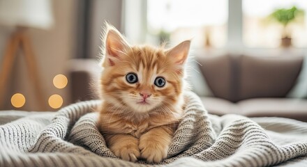 Cozy Kitten Moment: A fluffy orange kitten, nestled warmly in a soft blanket, gazes with wide, curious eyes, embodying pure comfort and tranquility. 