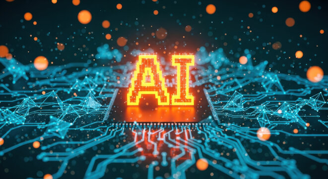 A bright orange pixelated AI text is over a blue circuit board on a black background, surrounded by floating particles, and rendered with a futuristic aesthetic. - Powered by Adobe