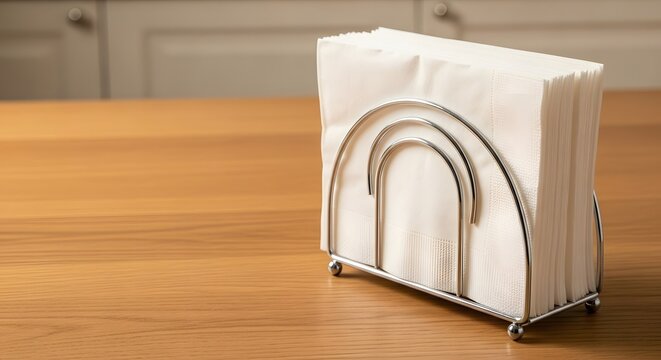 White paper napkins in a chrome metal dispenser holder sitting on a wooden table for a dining concept and domestic cleanliness