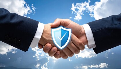 A close-up shot of two hands clasping in a firm handshake, symbolizing a pact or agreement, accompanied by a digital graphic of a shield. The background features a bright, sunlit sky with clouds.