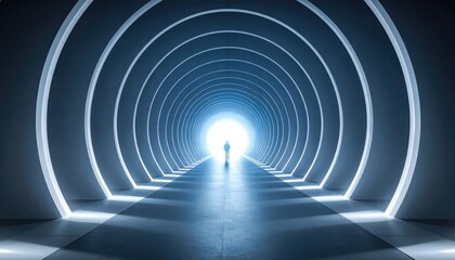 A lone figure walks into a futuristic illuminated tunnel, towards a brilliant light at the end, symbolizing journey. the circular design creating a strong perspective. 