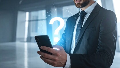A businessman ponders a digital question mark on his smartphone in a modern, sophisticated interior, symbolizing inquiry, decision-making, and technological solutions.